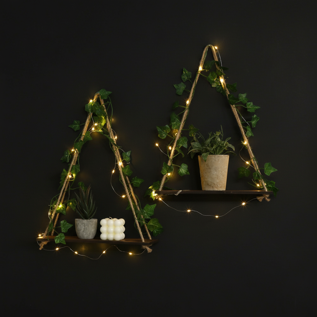 Étagère Murale Suspendue avec Lierre Artificiel et LED – Décoration Bohème & Nordique