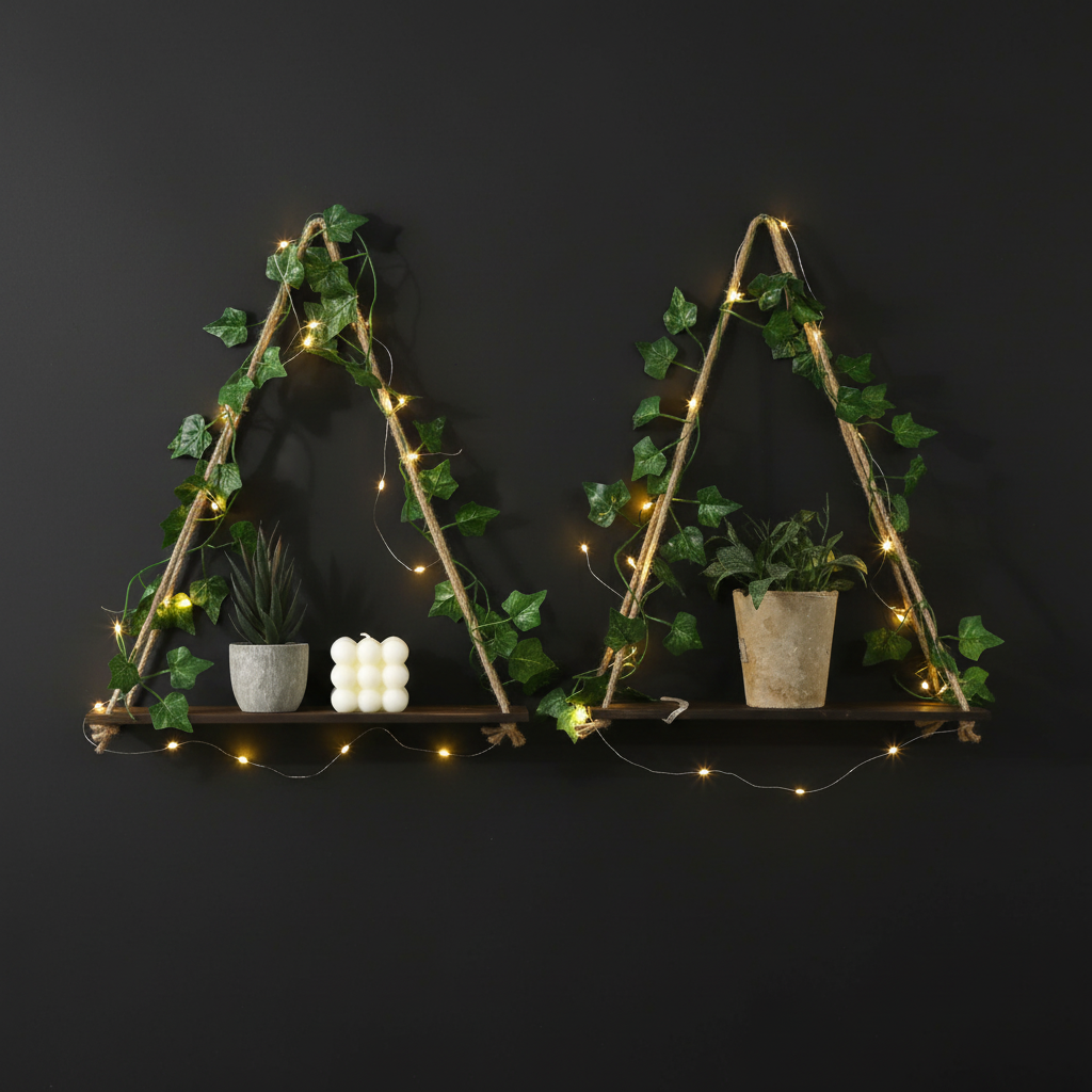 Étagère Murale Suspendue avec Lierre Artificiel et LED – Décoration Bohème & Nordique