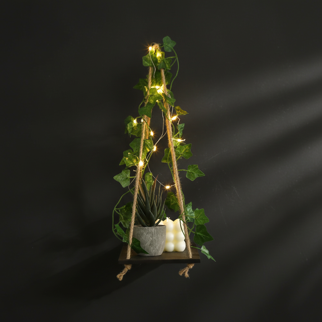 Étagère Murale Suspendue avec Lierre Artificiel et LED – Décoration Bohème & Nordique